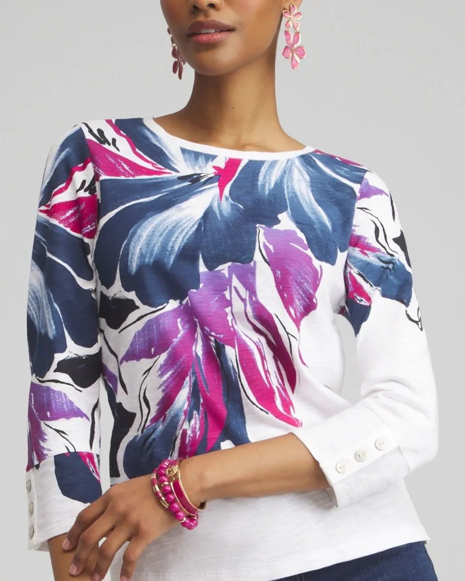 Best Sale Floral 3/4 Sleeve Button Tee Tops