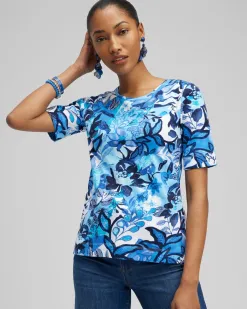 Online Floral Everyday Elbow Sleeve Tee Tops
