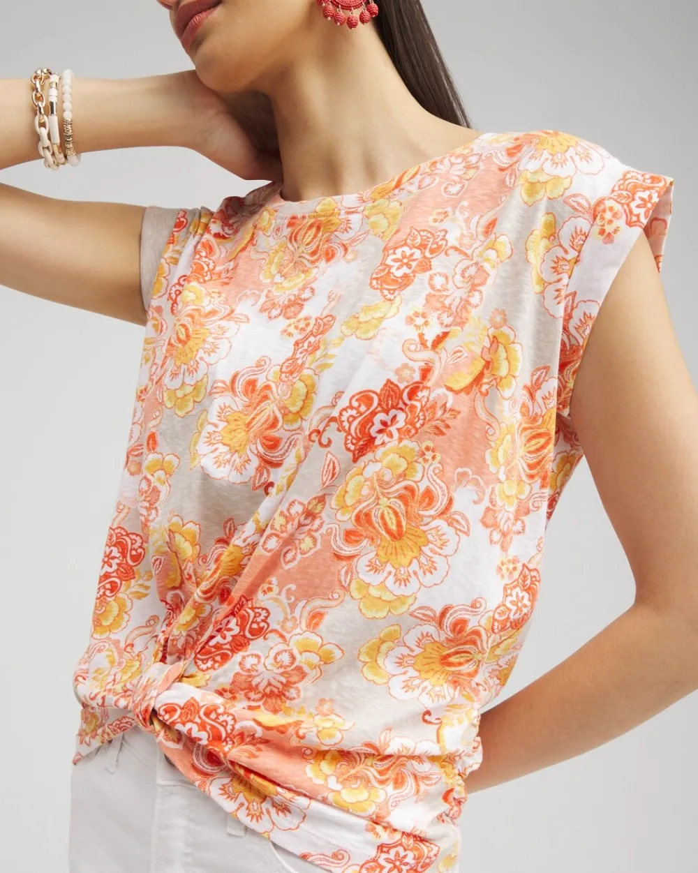 Cheap Floral Knot Front Tee Tops