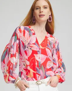 Fashion Floral Pleated Sleeve Blouse Tops