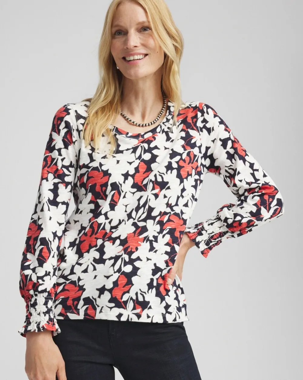 Shop Floral Smocked Cuff Tee Tops