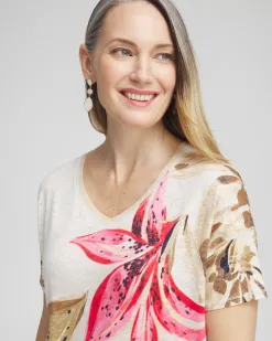 Best Sale Floral Sweater Trim Linen Tee Tops