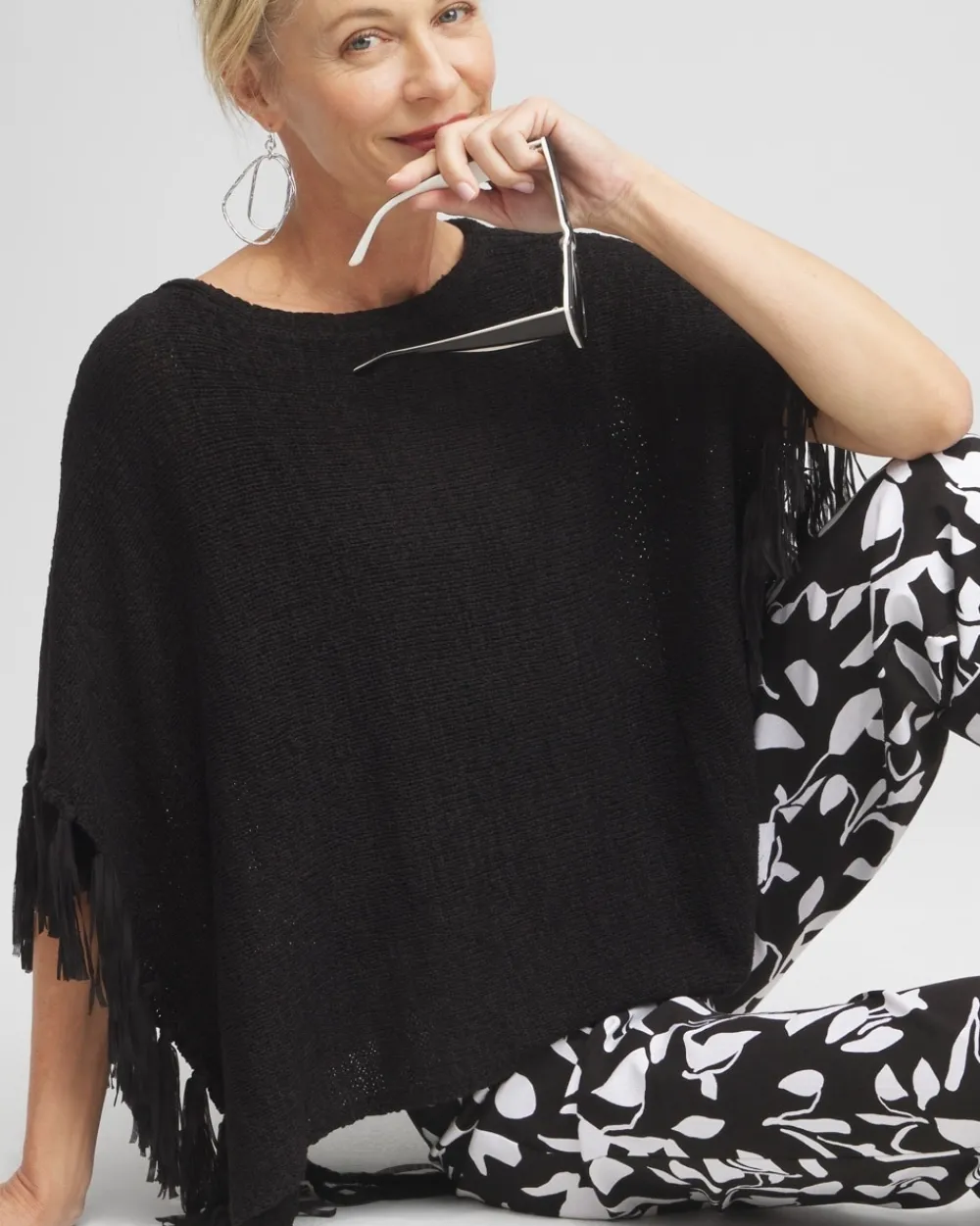 Online Fringe Knit Poncho Tops