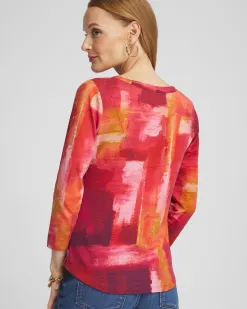 Online Geometric Print 3/4 Sleeve V-Neck Tee Tops