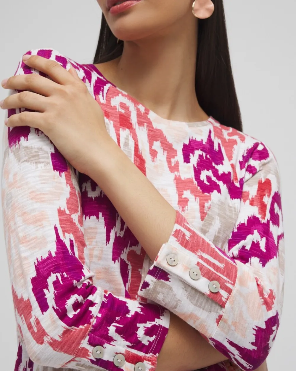 Clearance Ikat 3/4 Sleeve Button Tee Tops