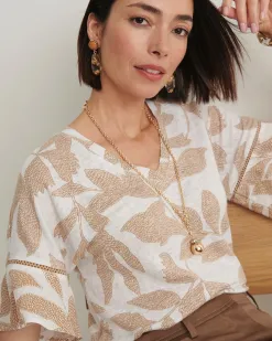 Shop Leaves Linen Blend Flutter Sleeve Top Tops
