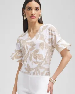 Shop Leaves Linen Blend Flutter Sleeve Top Tops