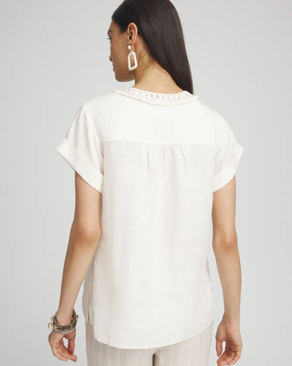 Cheap Linen Embellished Neck Top Tops