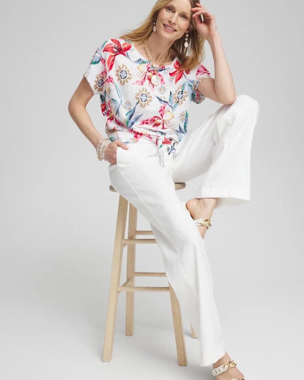 Hot Linen Floral Tie Front Tee Tops