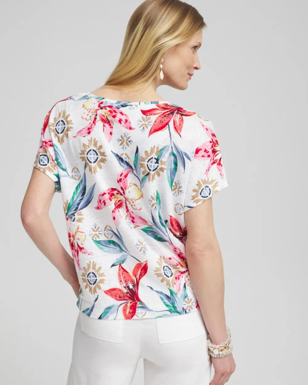 Hot Linen Floral Tie Front Tee Tops