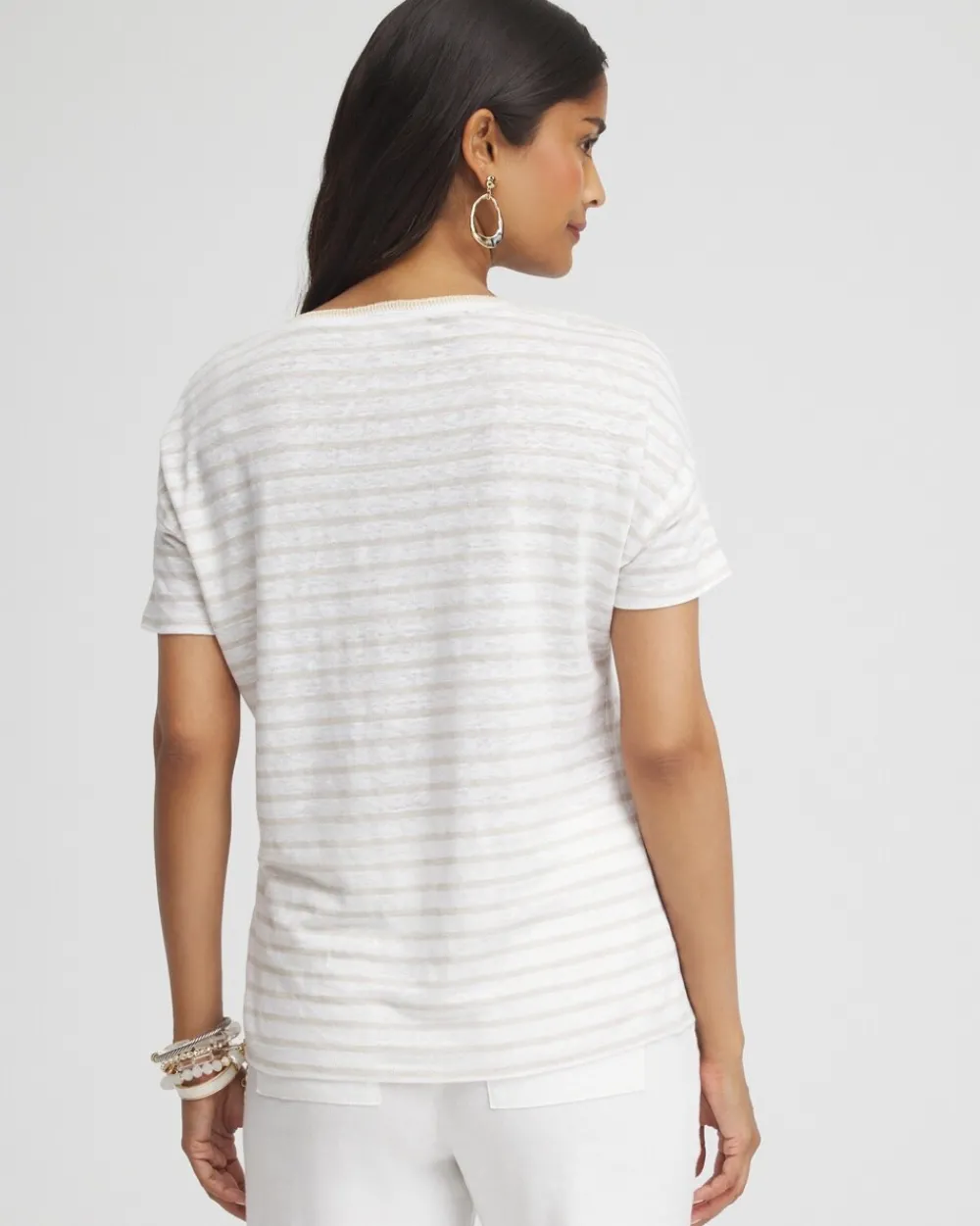 Cheap Linen Stripe Sweater Trim Tee Tops