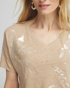 Online Neutral Sequin Embellished Tee Tops