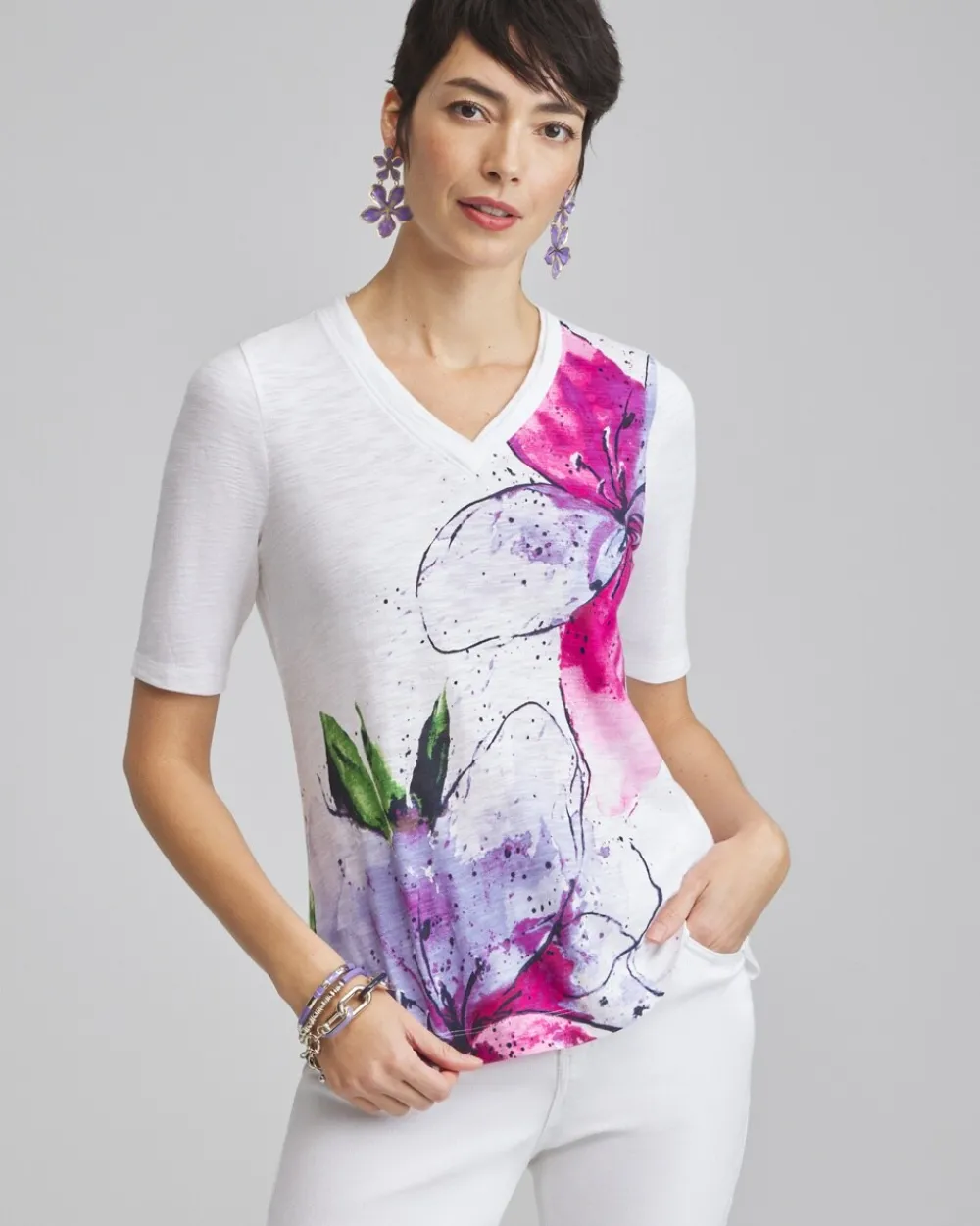 Best Sale Placed Floral Elbow Sleeve A-line Tee Tops