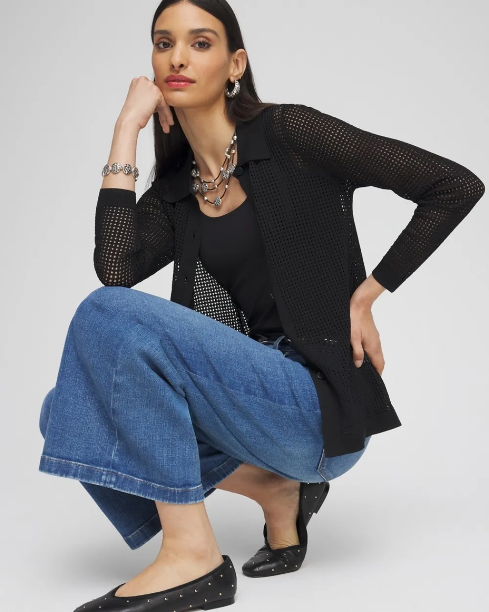 Sale Pointelle Collared Cardigan Tops
