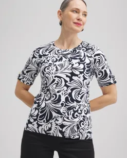 Cheap Scrolls Elbow Sleeve Cotton Tee Tops
