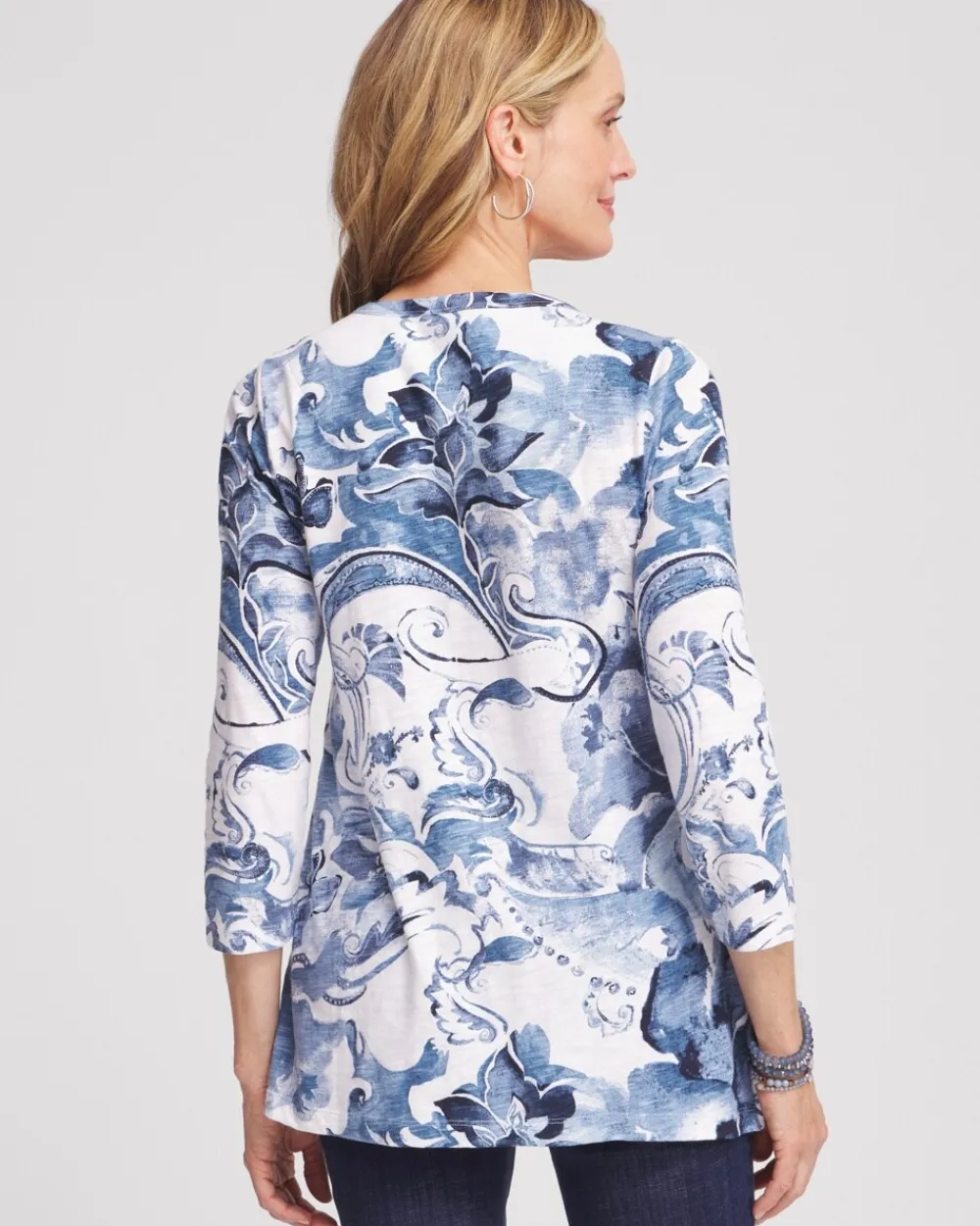 Outlet 3/4 Sleeve Floral Overlap Tunic Tops