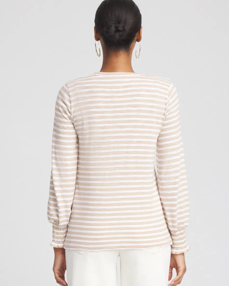 Discount Stripe Smocked Cuff Tee Tops