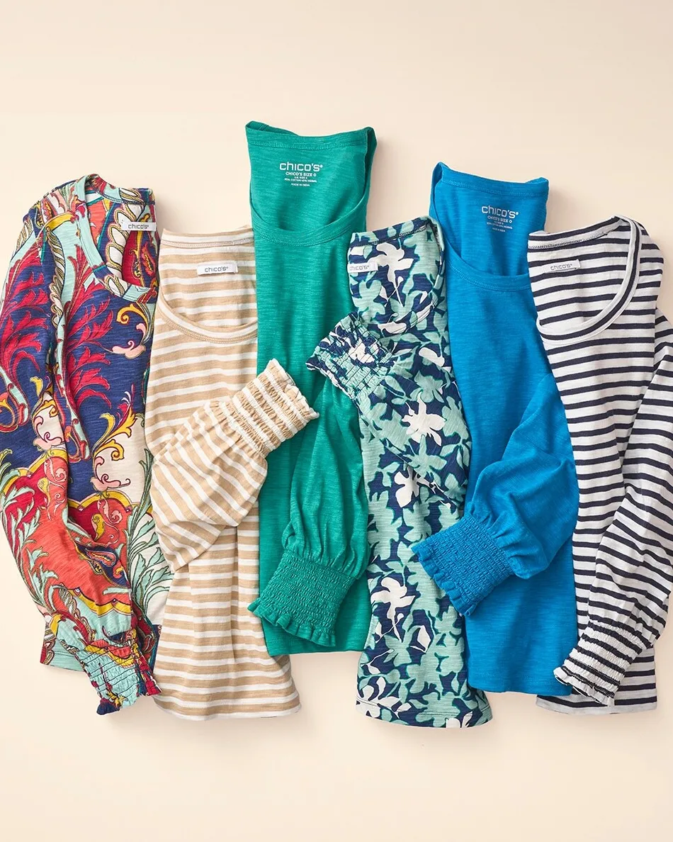 Discount Stripe Smocked Cuff Tee Tops