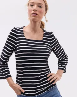 Discount Stripe Square Neck Bell Sleeve Top Tops